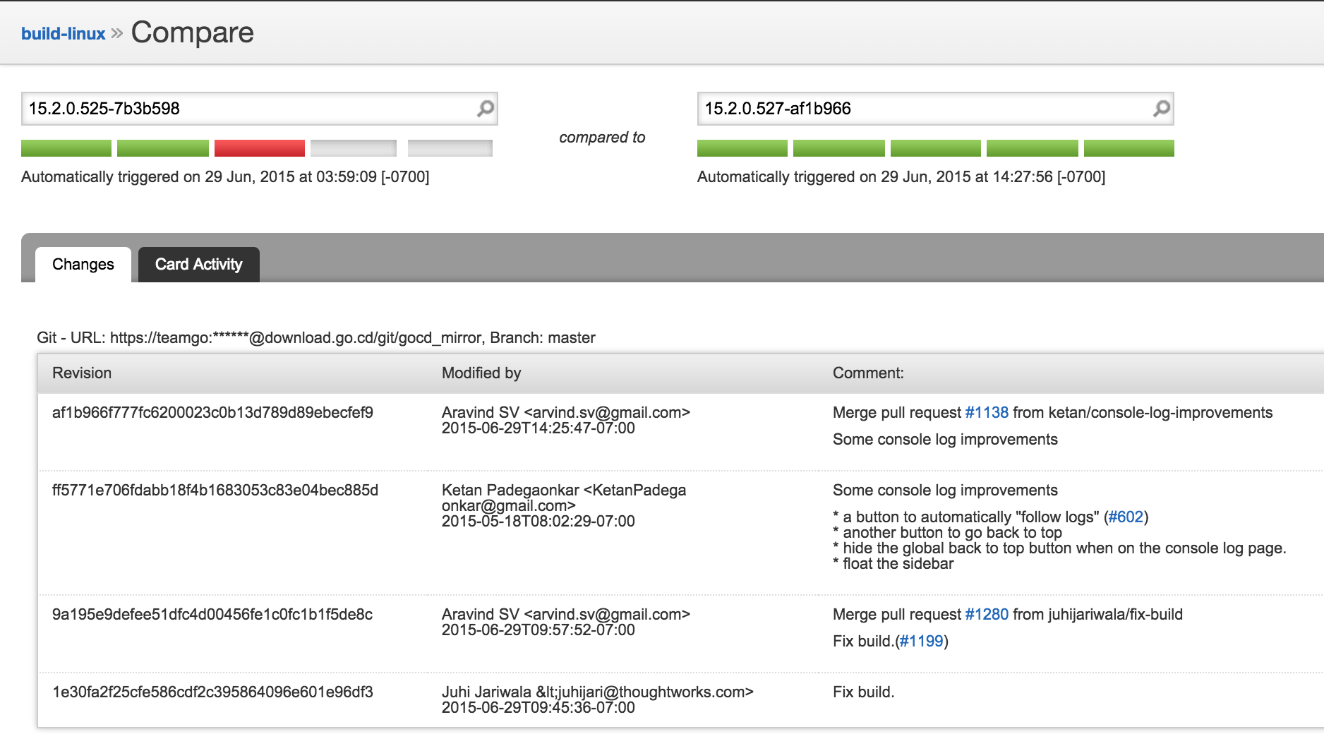 Compare pipeline page shows comment with GitHub issue link